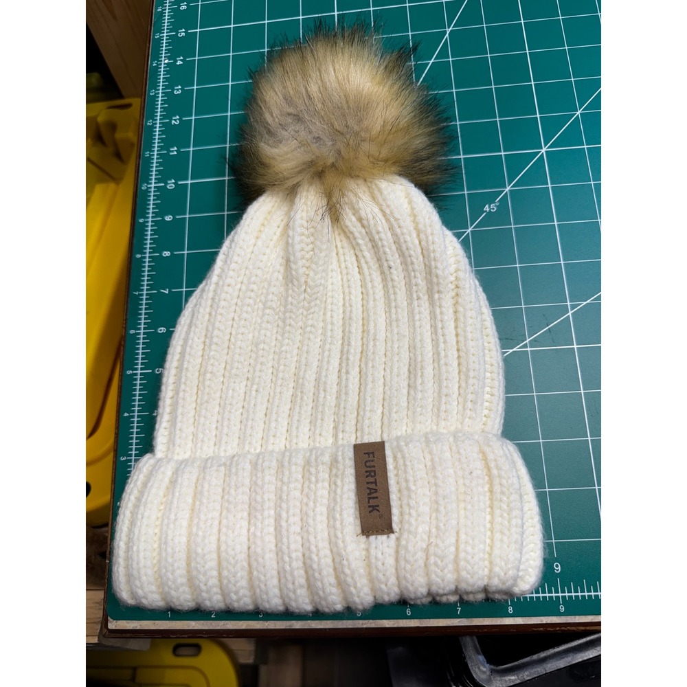 FURTALK Womens Winter Knit Beanie Hat Cream Ivory Faux Fur Pom Pom Ribbed Skicap